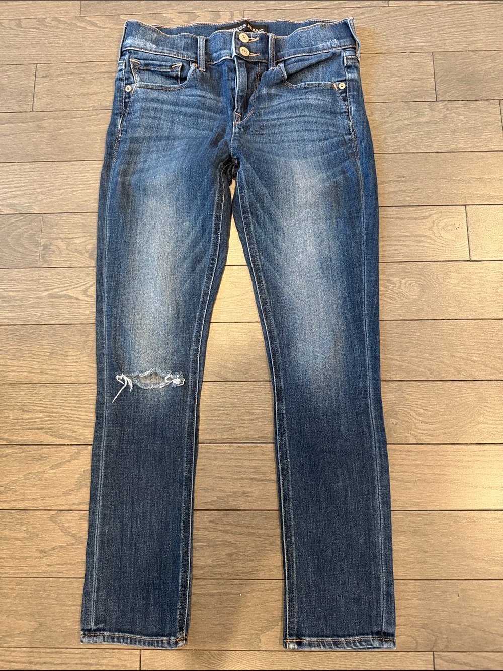 Express Women's Dark Blue Skinny Jeans with Knee Distress